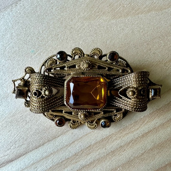 Artisan Crafted Jewelry - Vintage Art Deco Filigree Brooch 1.75 Inch Gold Gilt Metal Amber Glass Handmade